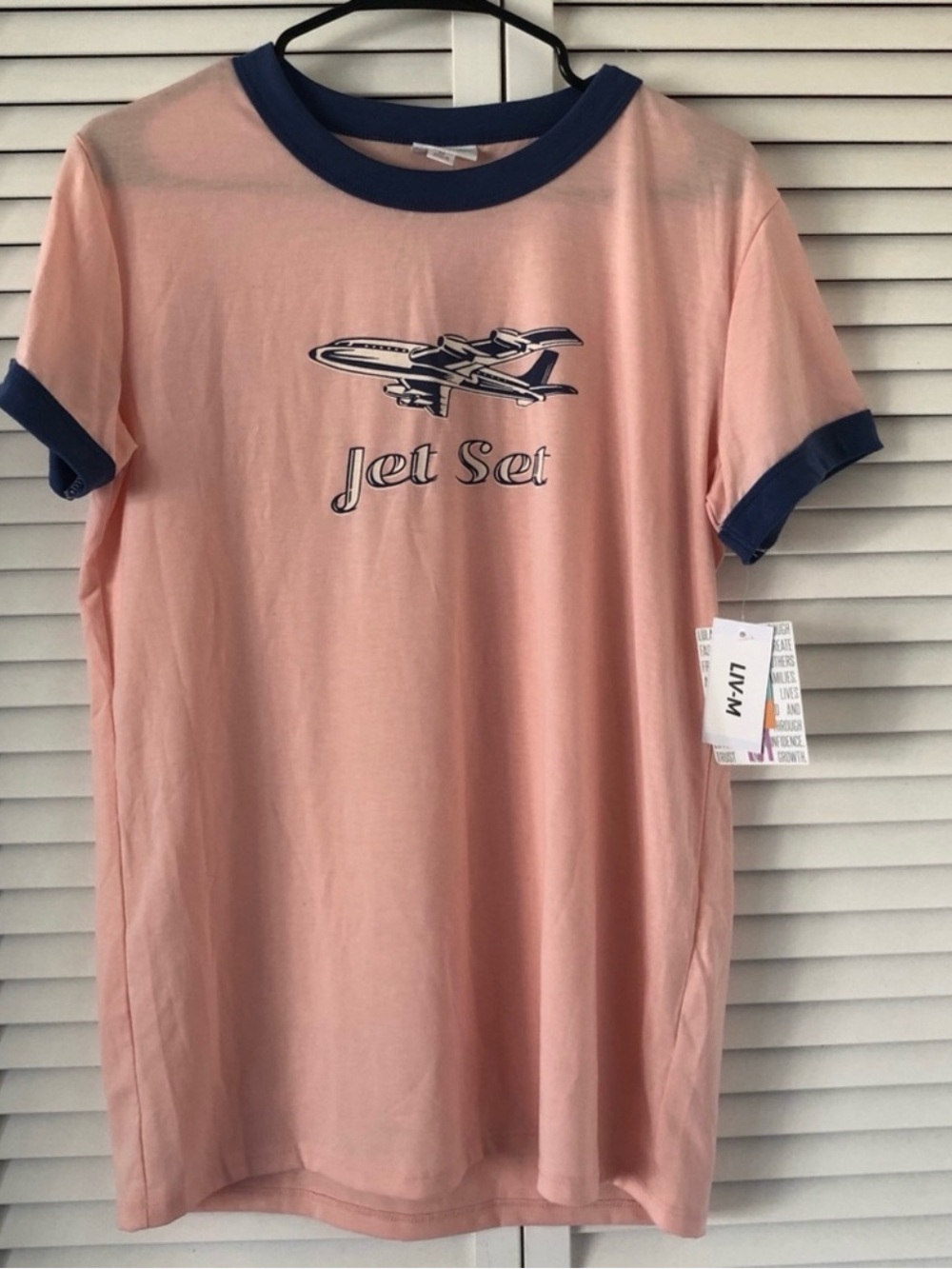 LuLaRoe Liv T-shirt Jet Set pink and blue Medium New NWT
